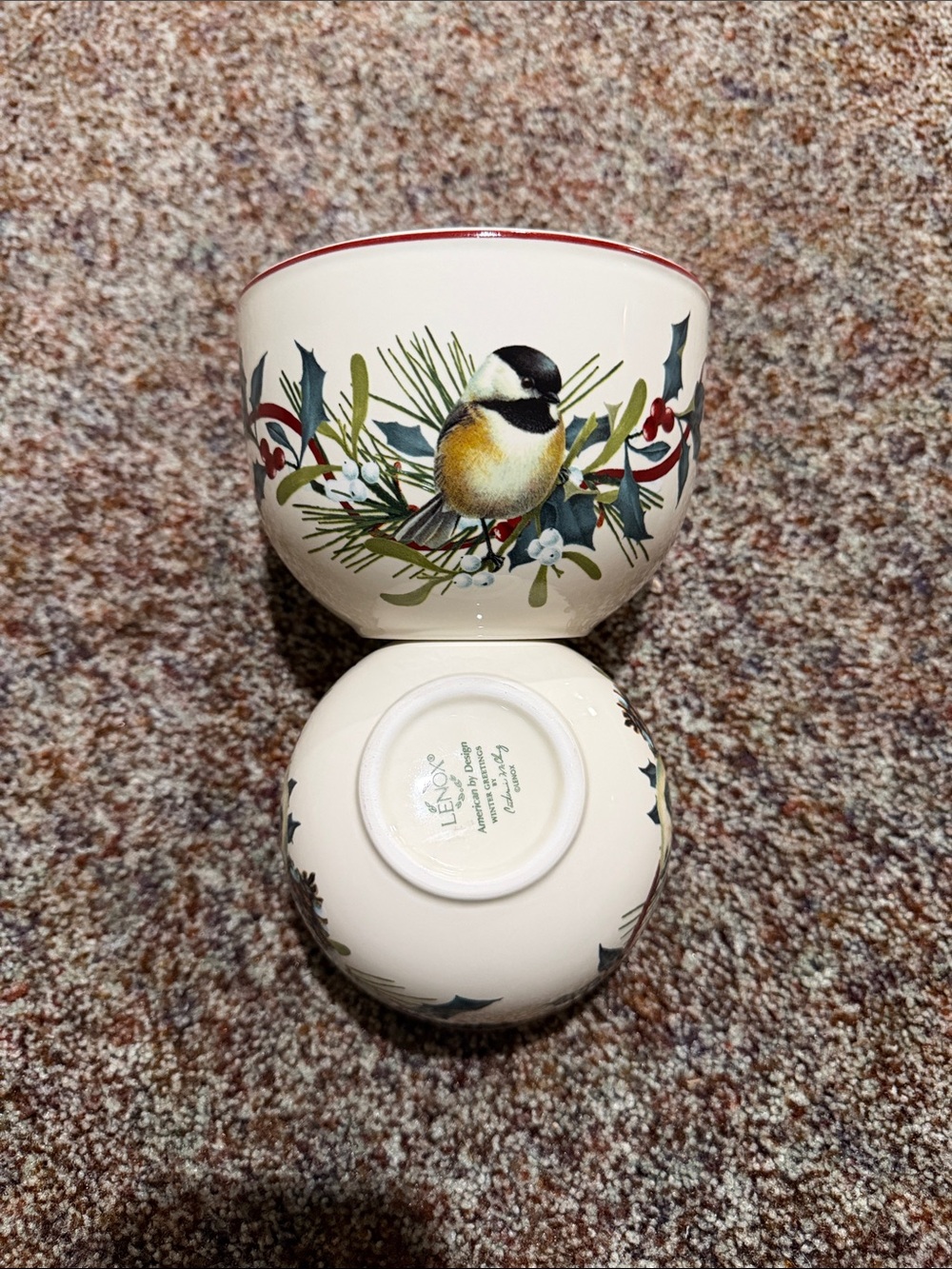 Lenox Cream Ceramic Holiday Bird Bowl with Red Trim Two Nesting Bowls
